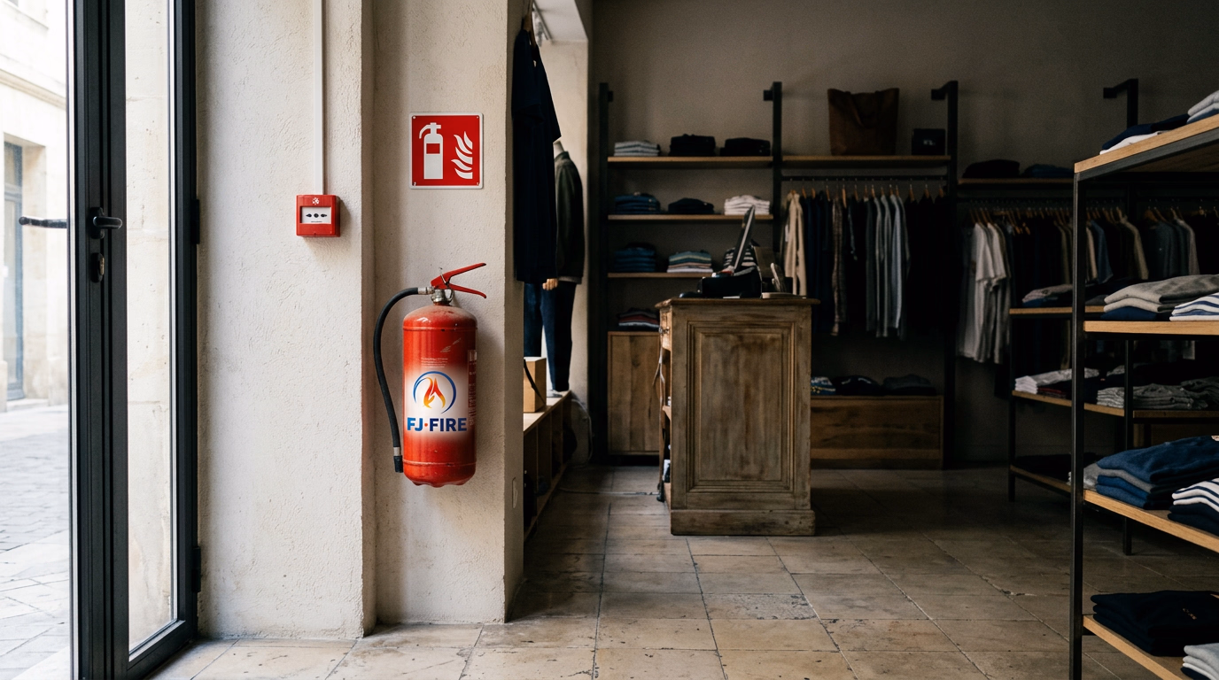 Intérieur d'une boutique en Gironde avec un déclencheur manuel d'alarme rouge et un extincteur fixés au mur près de la porte d'entrée