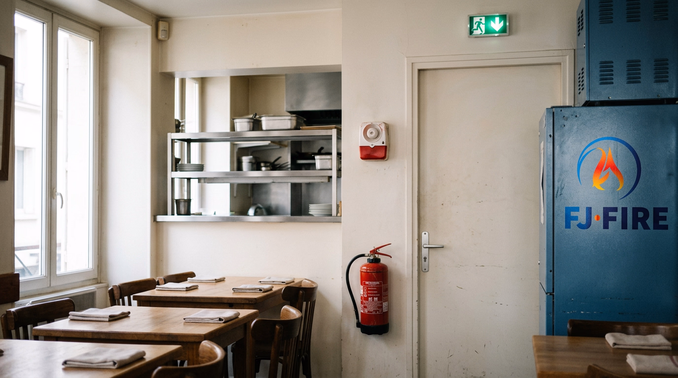 Salle de restaurant vide avant le service, alarme sonore fixée au mur près de la sortie de secours, extincteur accroché dessous et passe-plat de cuisine en arrière-plan