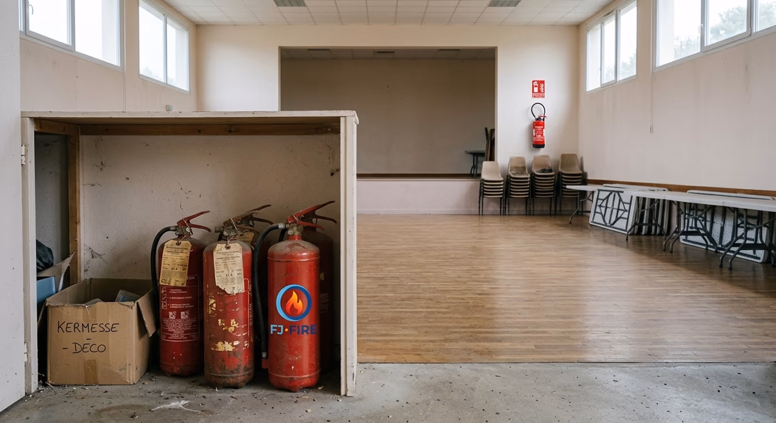 Vieux extincteurs périmés stockés dans le local de rangement d'une salle des fêtes communale en Gironde
