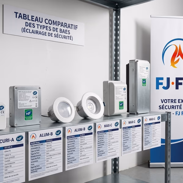 Différents types de BAES alignés — blocs d'évacuation et d'ambiance conformes NF C71-800 pour entreprises et ERP