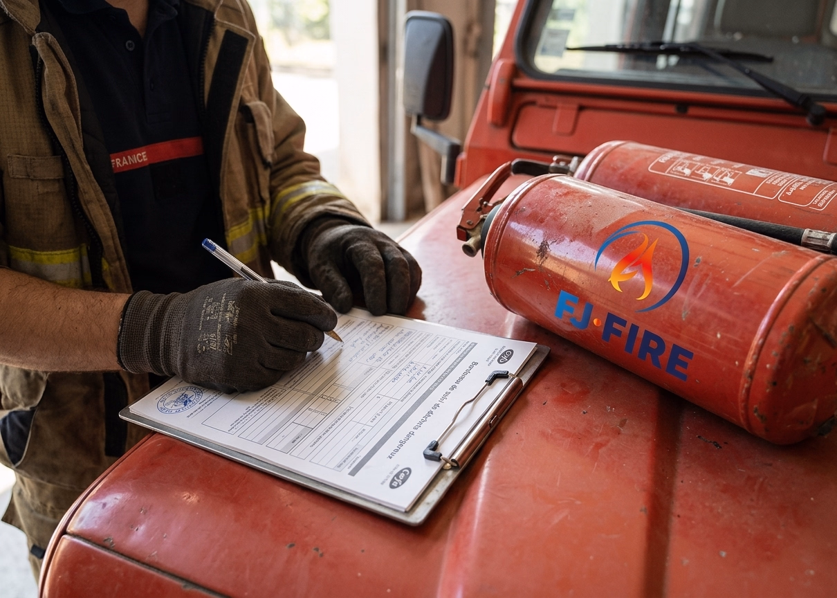 Technicien remplissant un bordereau de suivi de déchets dangereux (BSDD) lors de la collecte d'extincteurs usagés d'une entreprise en Gironde