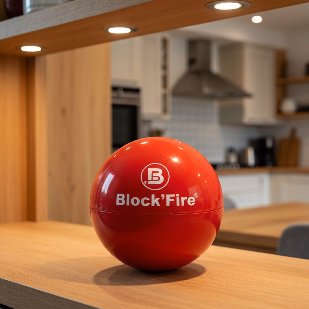 Boule extinctrice Block'Fire posée dans une cuisine française — dispositif de protection incendie passive