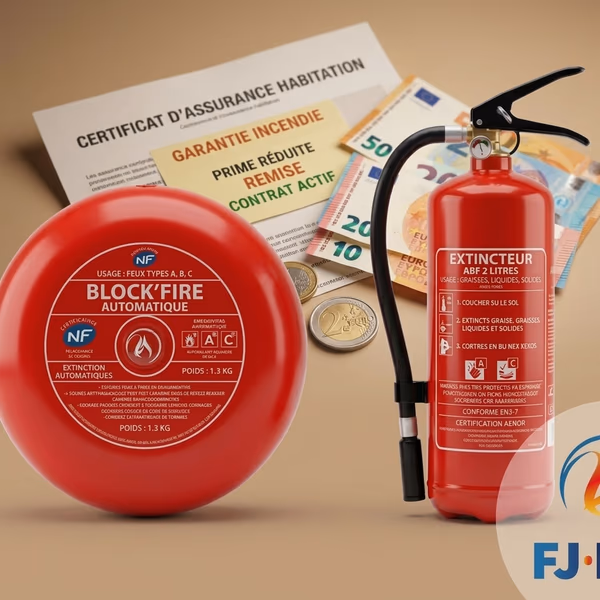 Boule Block'Fire et extincteur ABF posés devant un contrat d'assurance habitation