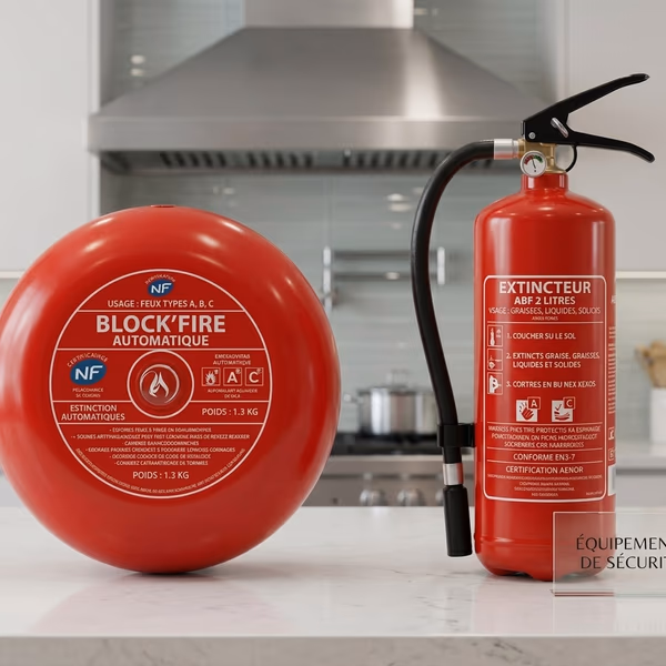 Boule Block'Fire et extincteur ABF 2L côte à côte — la protection complète pour une cuisine en Gironde