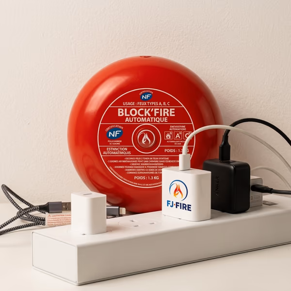Boule antifeu Block'Fire fixée au-dessus d'une multiprise avec chargeurs et box internet