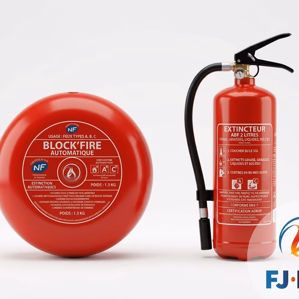 Boule extinctrice Block'Fire et extincteur ABF 2L côte à côte — comparatif protection incendie maison