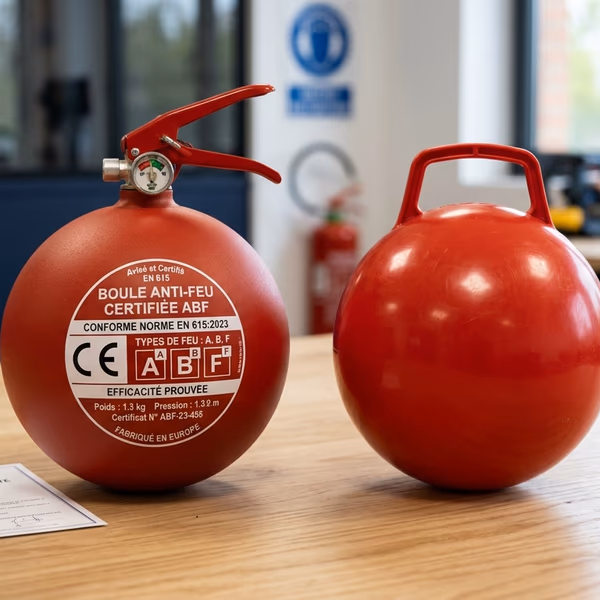 Comparaison visuelle entre une boule anti-feu certifiée ABF (Block'Fire avec marquage CE et norme EN 615) et une boule non certifiée vendue sur marketplace