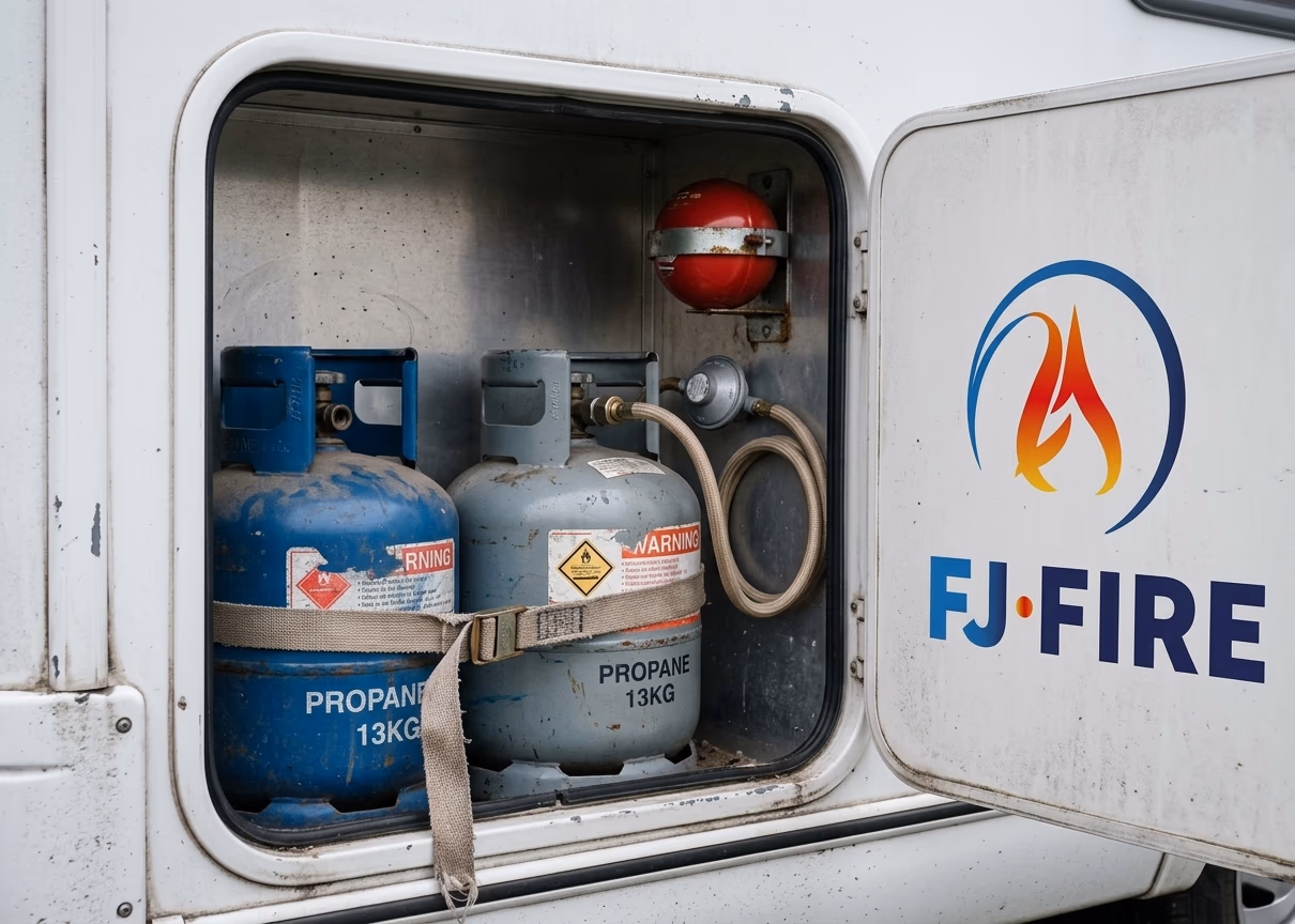 Boule d'extinction fixée dans le coffre à gaz d'un camping-car, à côté des bouteilles de propane sanglées