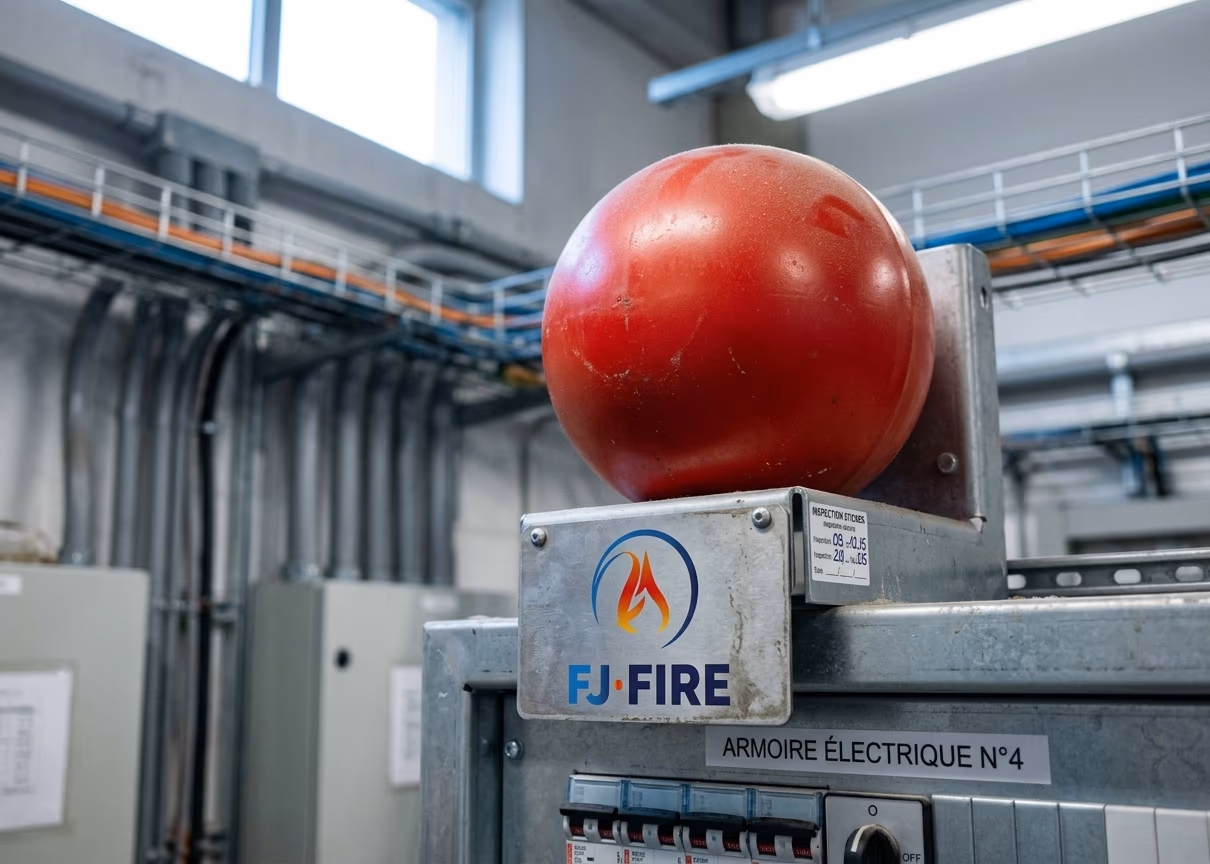 Boule d'extinction fixée sur son support mural au-dessus d'une armoire électrique dans un local technique d'entreprise