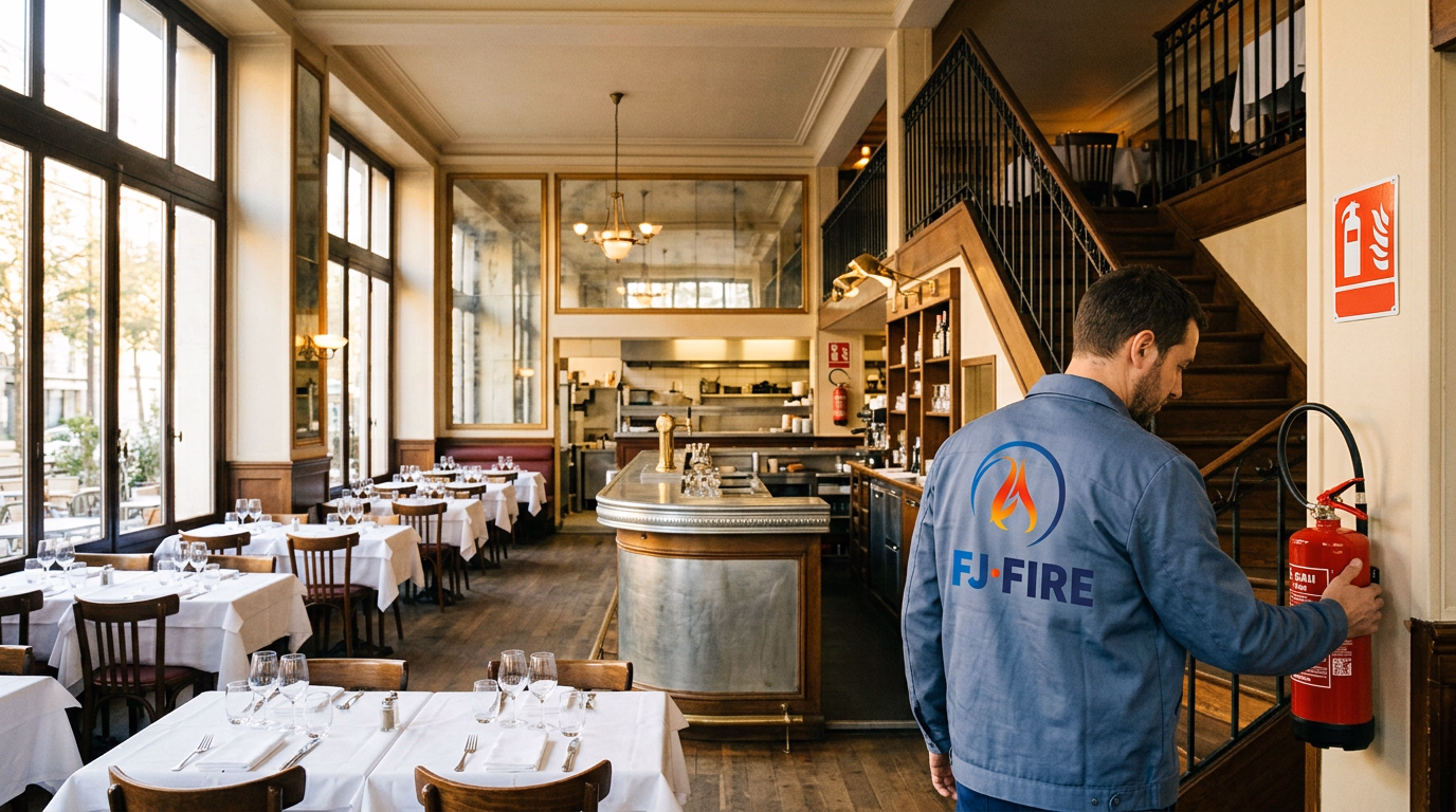 Salle de brasserie sur deux niveaux avec un extincteur à eau fixé près de l'escalier et un second appareil côté cuisine ouverte