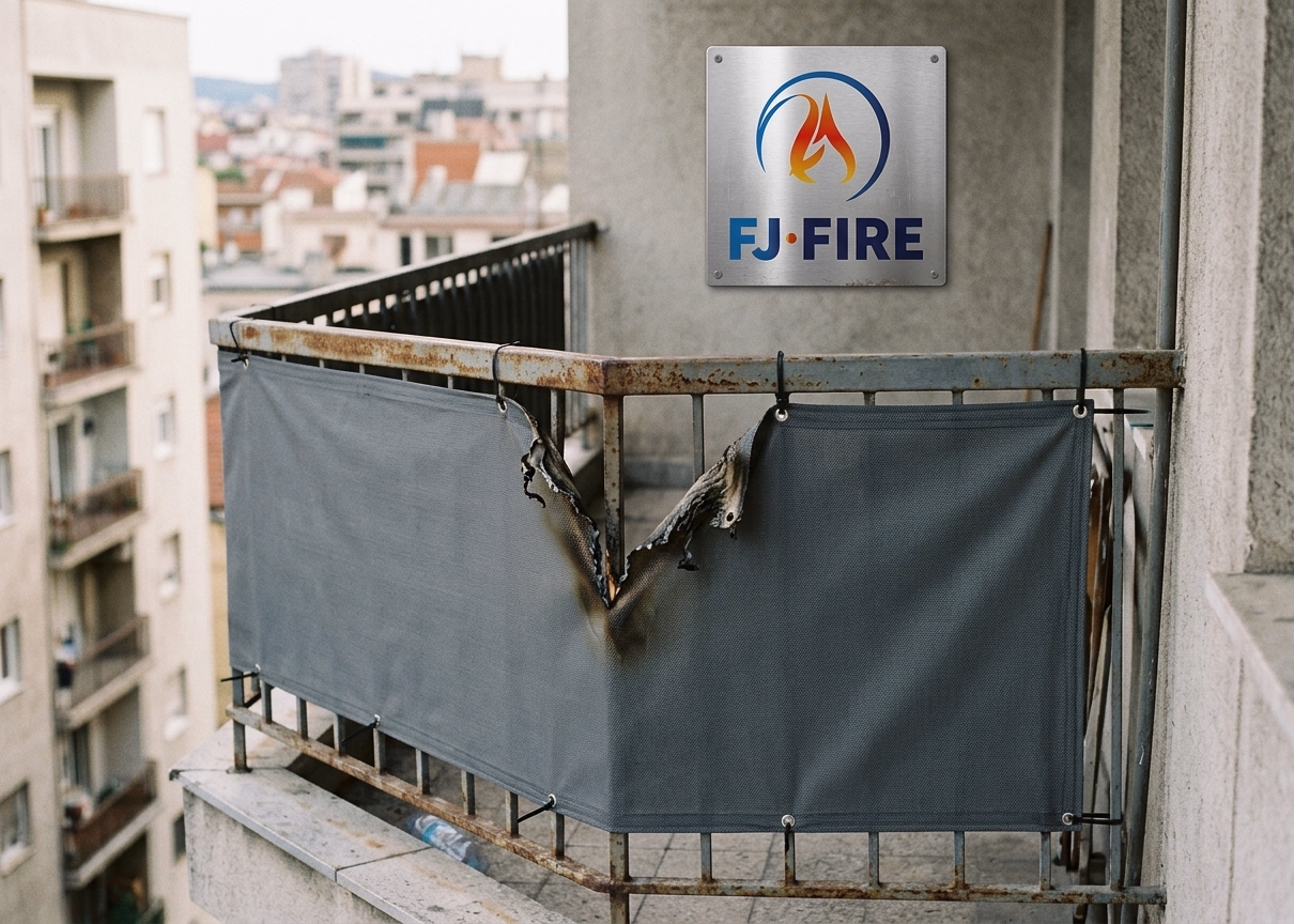 Brise-vue en toile synthétique sur un balcon d'immeuble résidentiel — matériau combustible facilitant la propagation verticale des incendies de façade