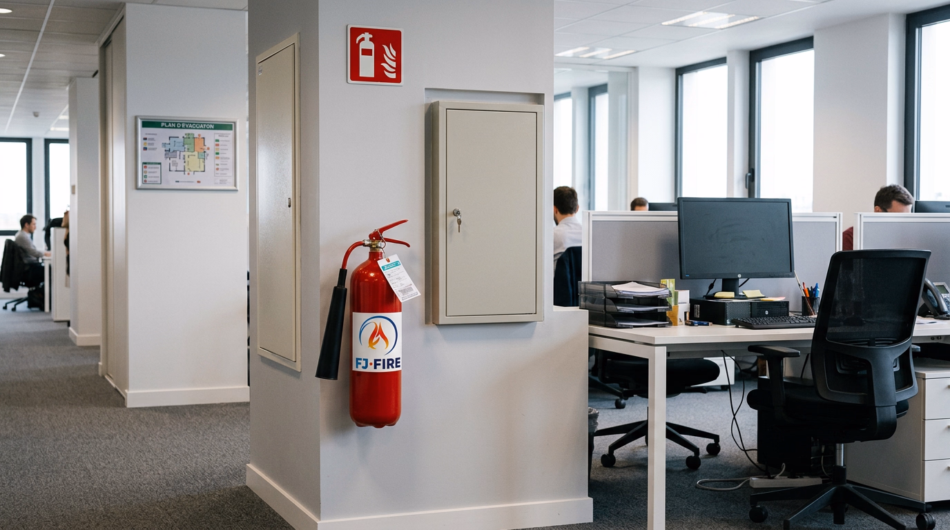 Plateau de bureaux à l'étage avec un extincteur CO2 près du tableau électrique, un panneau de signalisation et un plan d'évacuation dans le couloir