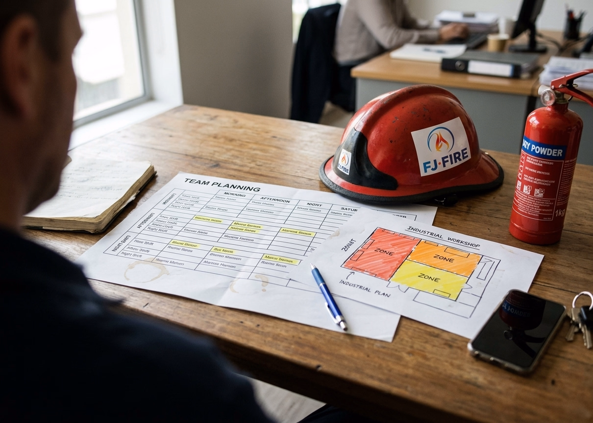 Planning des équipes matin, après-midi et nuit posé à côté d'un plan d'atelier découpé en trois zones, pour calculer le nombre d'équipiers de première intervention