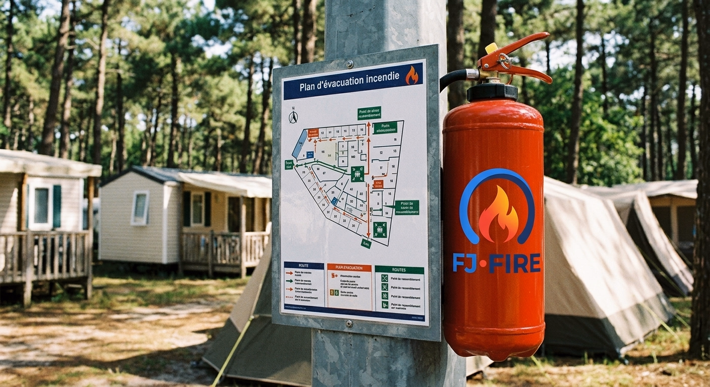 Plan d'évacuation affiché dans un camping ERP type PA en zone forestière, avec extincteur en premier plan