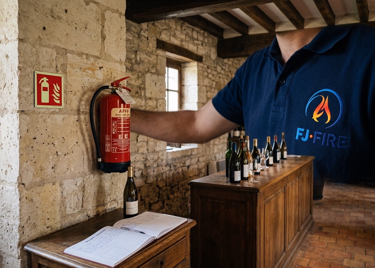 Caveau de dégustation à Castillon-la-Bataille : extincteur à eau pulvérisée signalé et registre de sécurité dans un bâtiment ancien en pierre