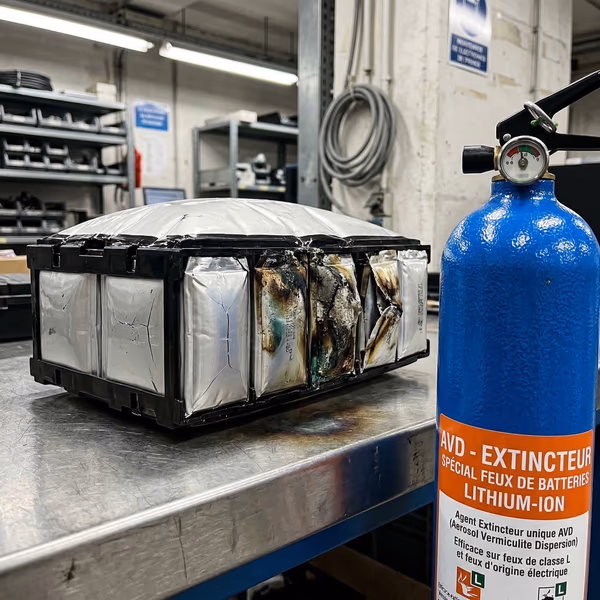 Illustration du phénomène d'emballement thermique d'une batterie lithium-ion avec dégagement de flammes et de gaz toxiques