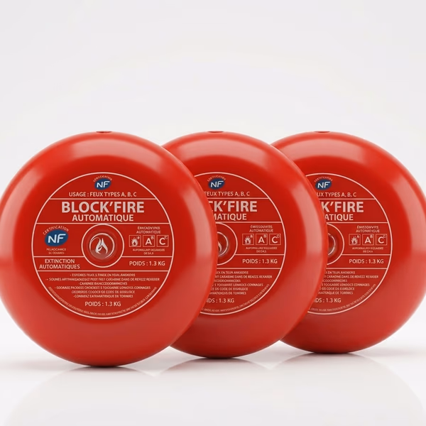 3 boules Block'Fire côte à côte — packshot professionnel pour équipement maison complet