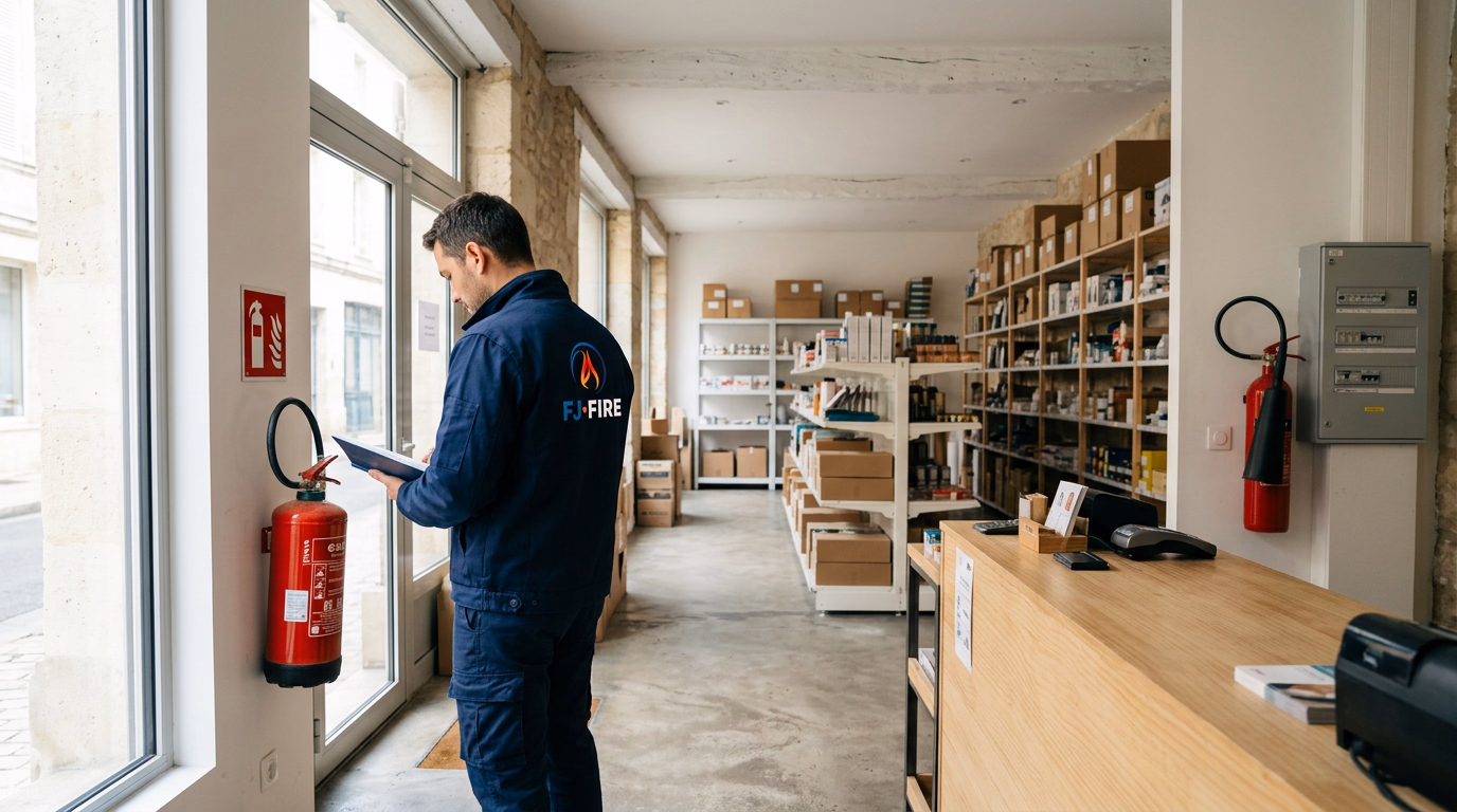 Technicien FJ FIRE relevant l'emplacement d'un extincteur à eau et de son panneau dans une boutique de 200 m², avec un extincteur CO2 près du tableau électrique