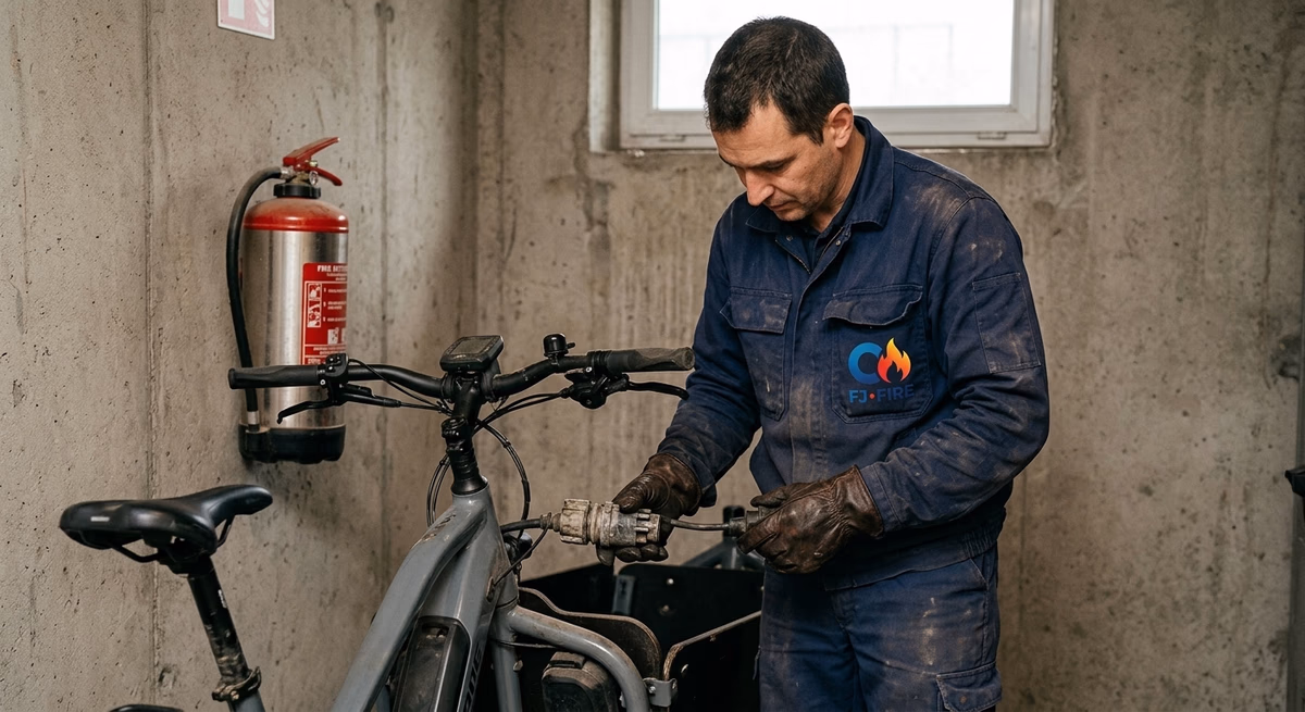 Technicien contrôlant le connecteur de charge d'un vélo à assistance électrique dans un local de recharge, extincteur fixé au mur, prévention du risque incendie batterie lithium