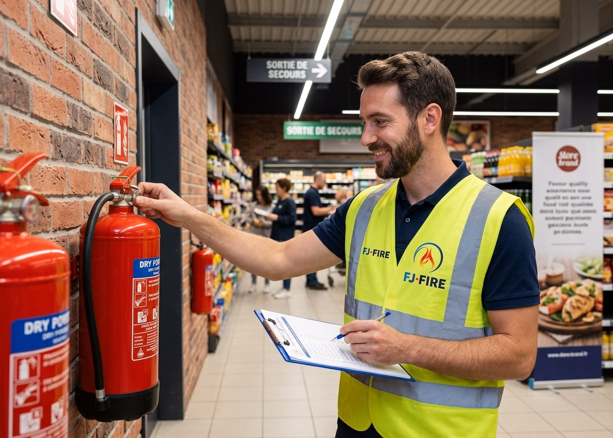 Vérification des extincteurs et des équipements de sécurité incendie dans un supermarché