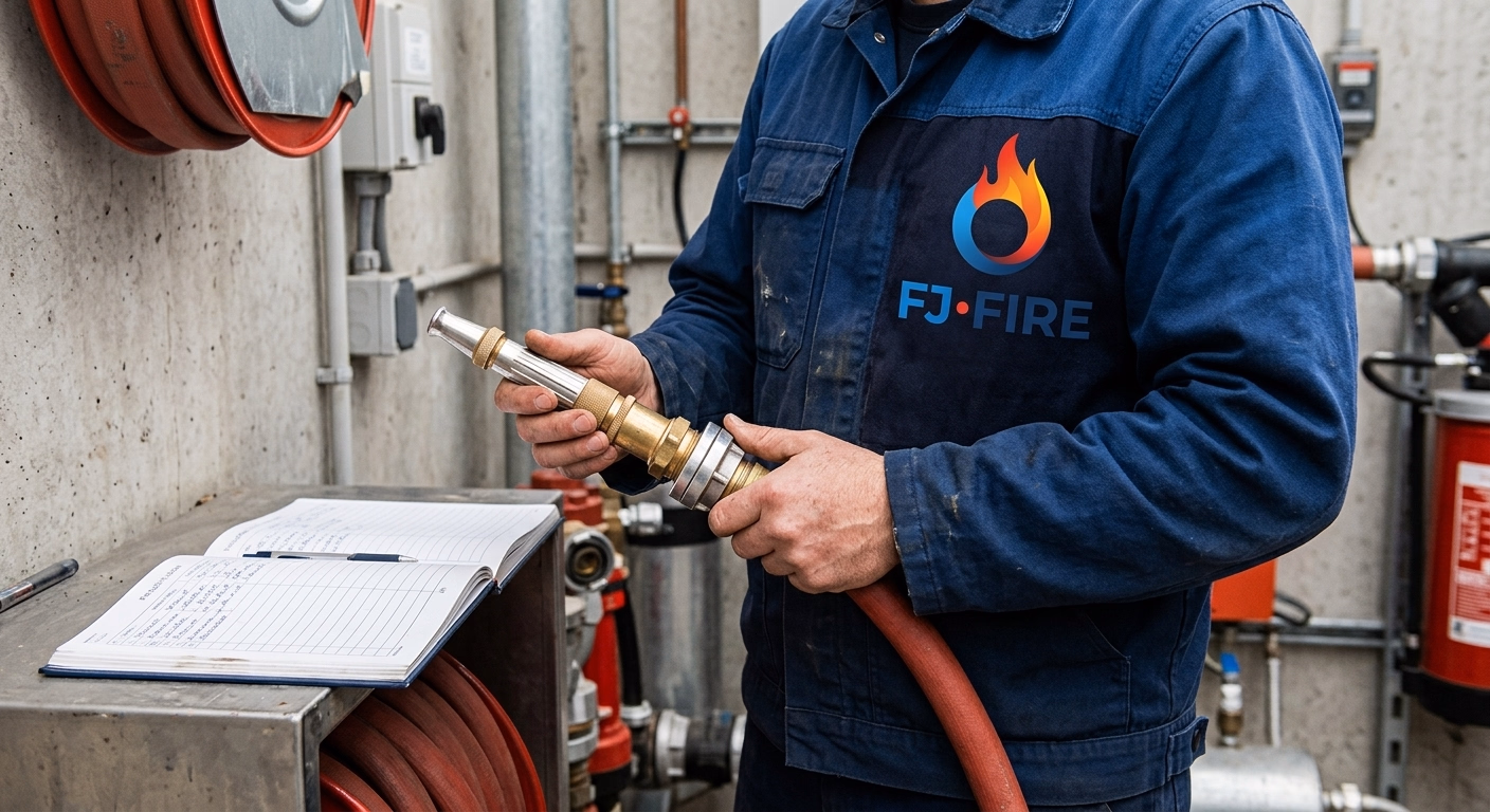 Technicien FJ FIRE inspectant la lance et le robinet de diffusion d'un RIA déroulé, registre de sécurité ouvert à côté, lors d'une vérification annuelle en entreprise en Gironde