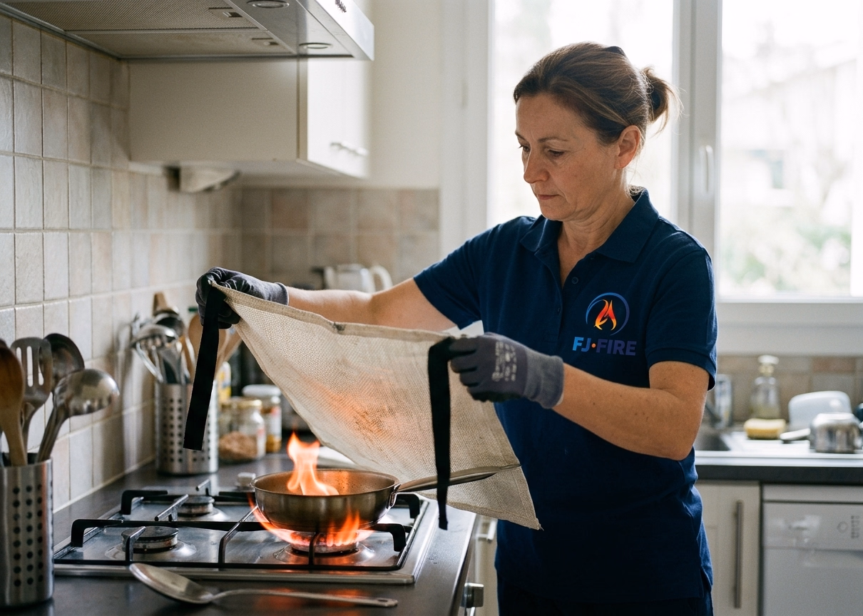 Femme déployant une couverture anti-feu en fibre de verre sur une poêle enflammée dans une cuisine moderne française