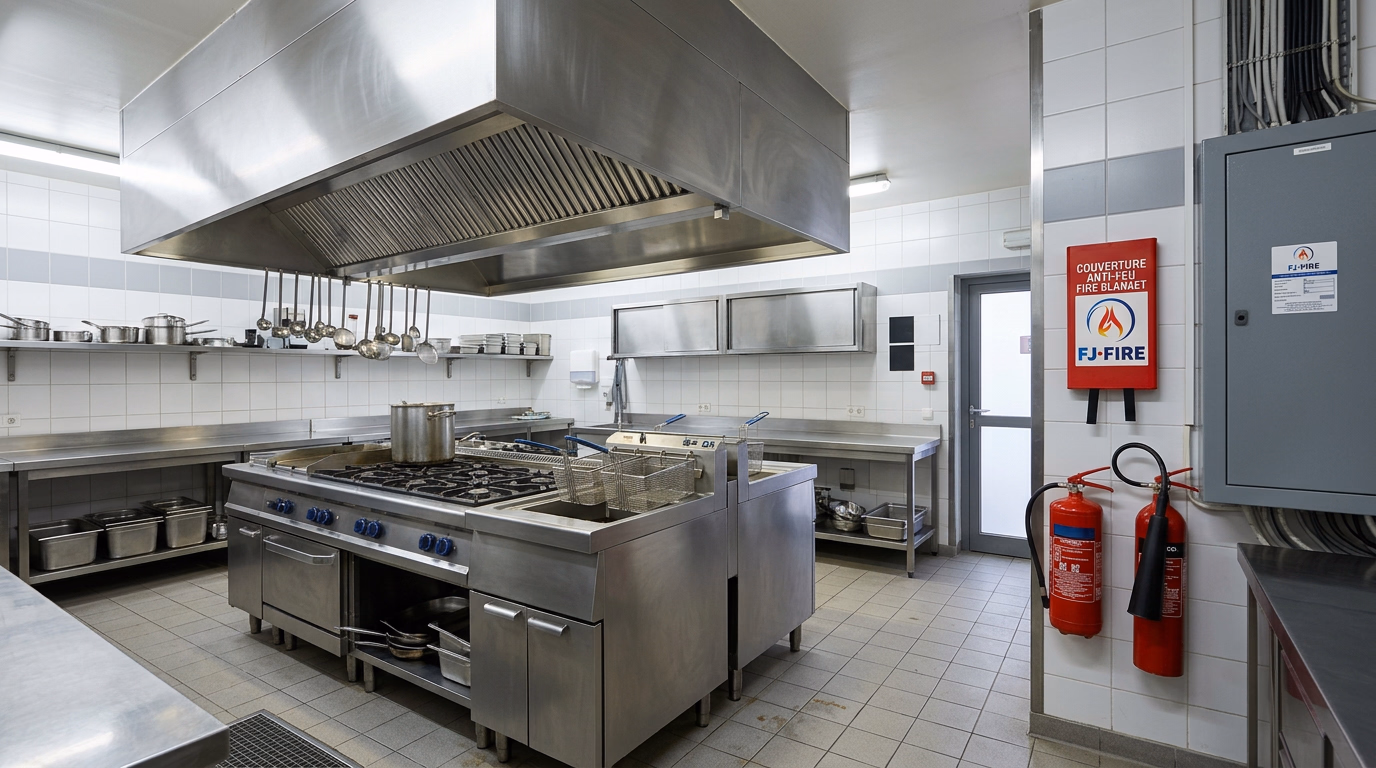Cuisine professionnelle de brasserie avec piano de cuisson et friteuses, couverture anti-feu, extincteur de classe F et extincteur CO2 fixés côté sortie