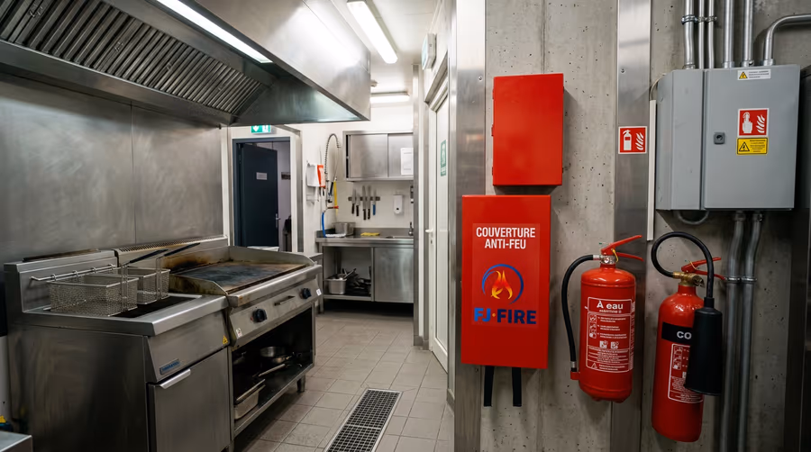 Cuisine professionnelle de restaurant avec friteuse et plancha, couverture anti-feu, extincteur à eau et extincteur CO2 fixés au mur près du tableau électrique, côté sortie