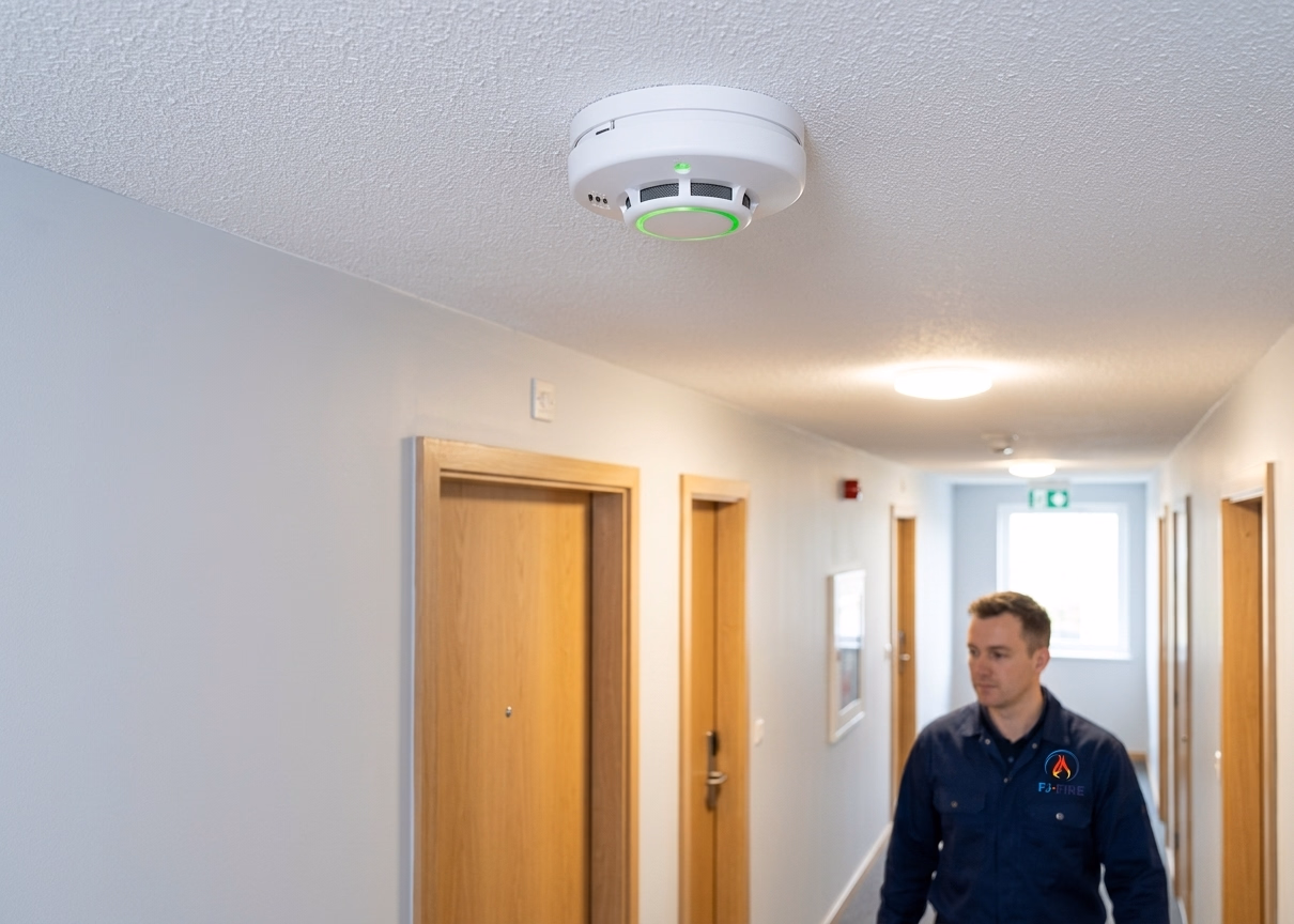 Détecteur de fumée DAAF installé au plafond d'un immeuble résidentiel — obligation légale depuis 2015