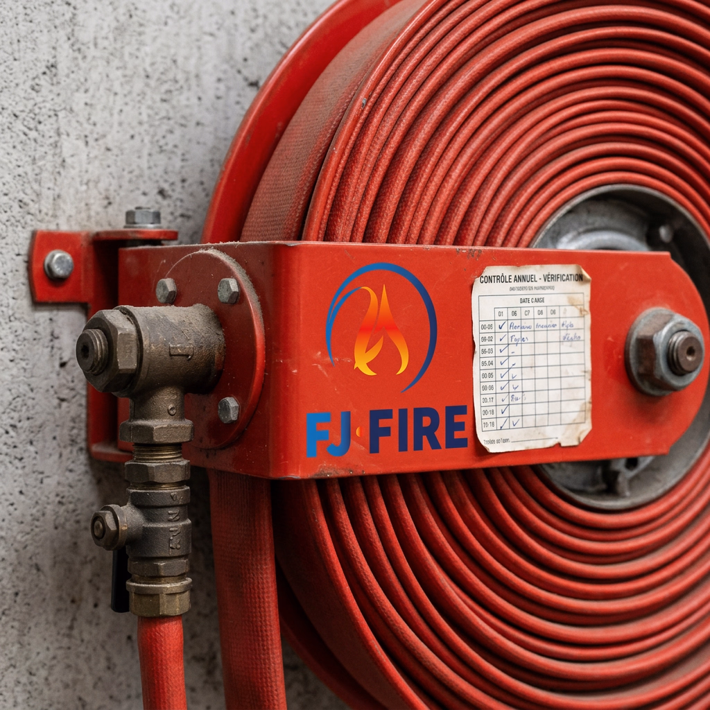 Technicien vérifiant un robinet d'incendie armé dans un entrepôt logistique