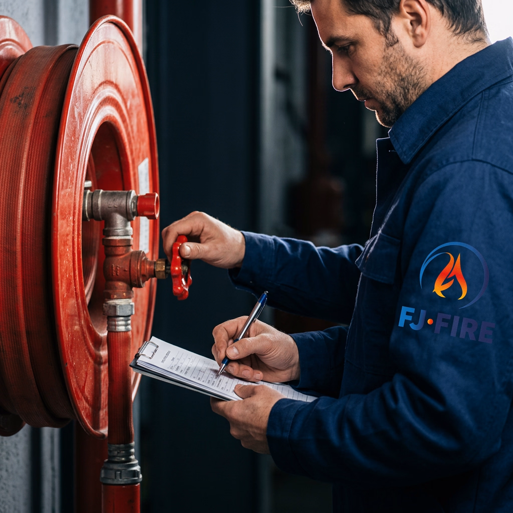 Technicien verifiant un robinet d'incendie arme dans une entreprise