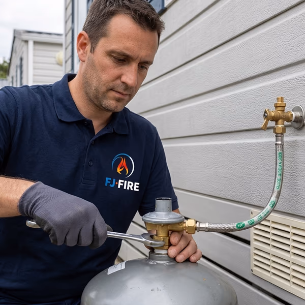 Technicien FJ FIRE verifiant le raccordement securise d'une bouteille de gaz sur un mobil-home de camping