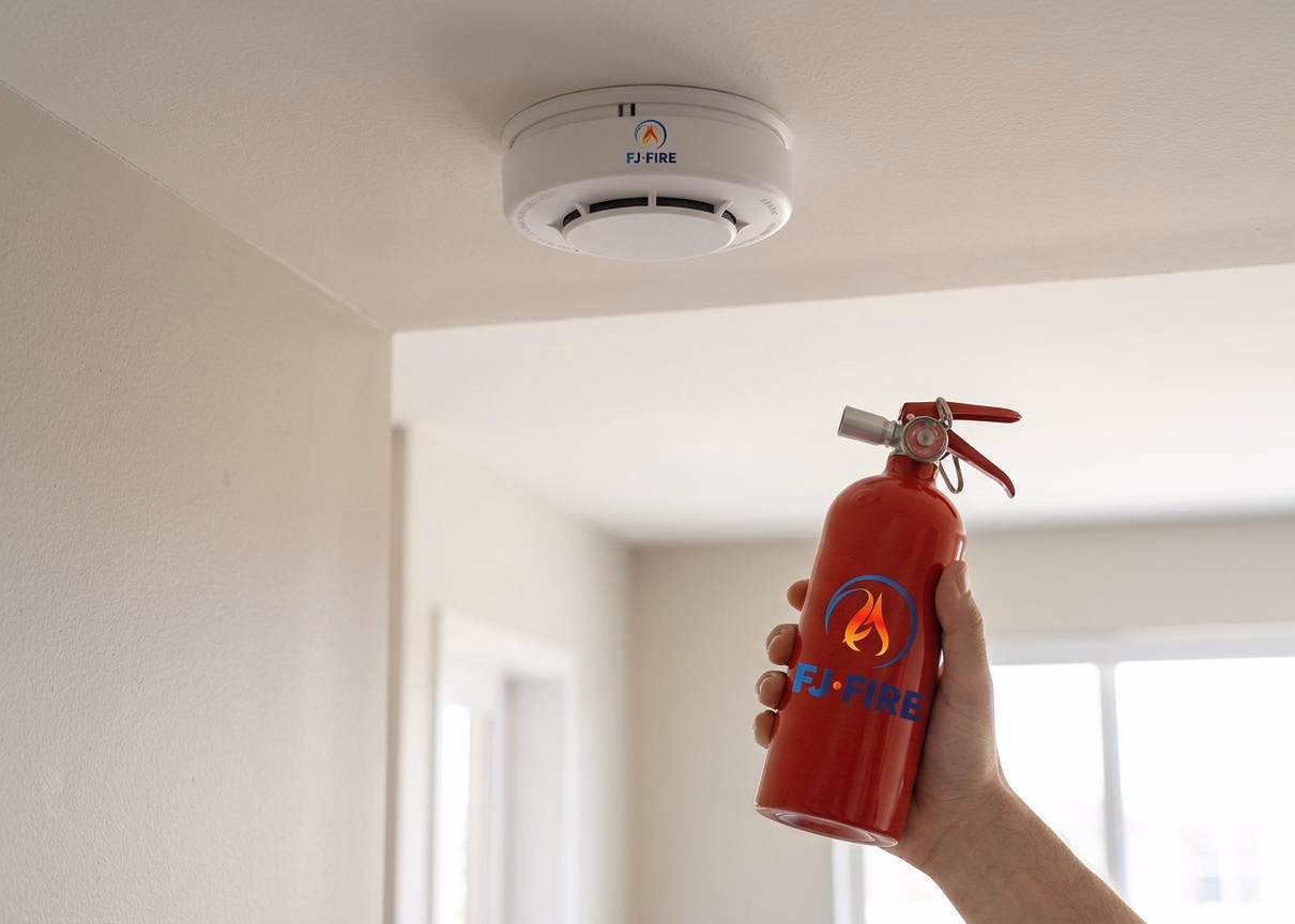 Détecteur de fumée DAAF et extincteur ABF 2L dans une entrée d'appartement, prévention incendie logement collectif Poitiers Vienne
