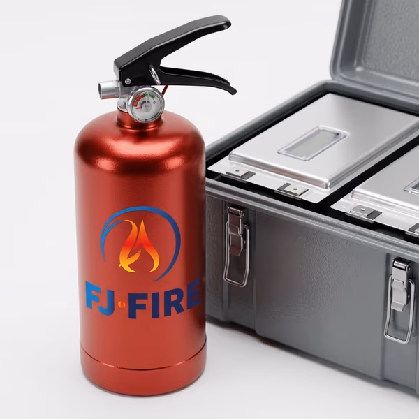 Extincteur spécialisé posé à côté d'une batterie lithium industrielle dans un coffret résistant au feu