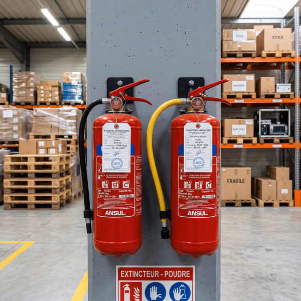 Vérification technique d'un extincteur en milieu de stockage industriel, conformité NF S61-919
