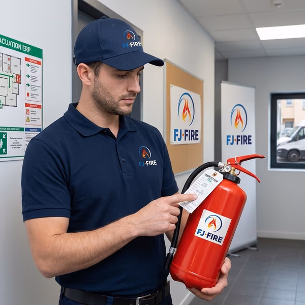 Extincteur vérifié et plan d'évacuation ERP affiché — obligations de sécurité incendie dans un centre de loisirs