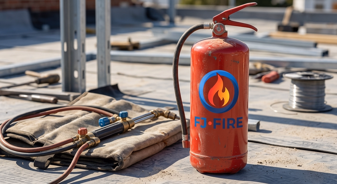 Extincteur portatif rouge posé sur un chantier de toiture en cours de rénovation, travaux par points chauds