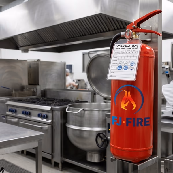 Extincteur de classe F installé dans une cuisine de charcuterie industrielle — vérification annuelle obligatoire