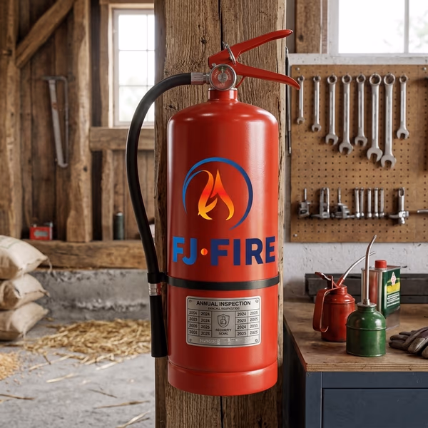 Extincteur rouge dans un bâtiment agricole avec étiquette de vérification annuelle visible — prévention incendie Gironde