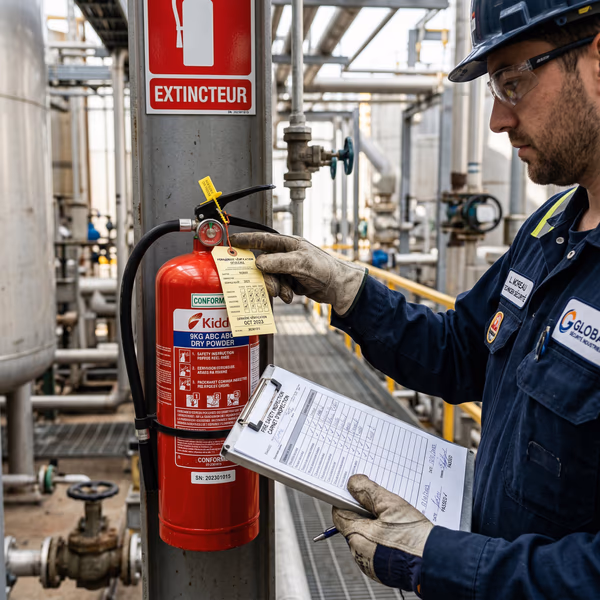 Gros plan sur un extincteur industriel vérifié et inspecté