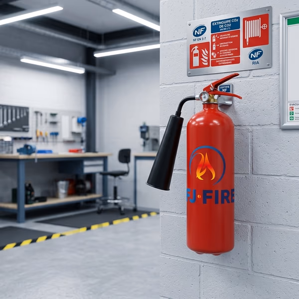 Extincteur CO2 certifié NF dans un atelier industriel — vérification annuelle obligatoire