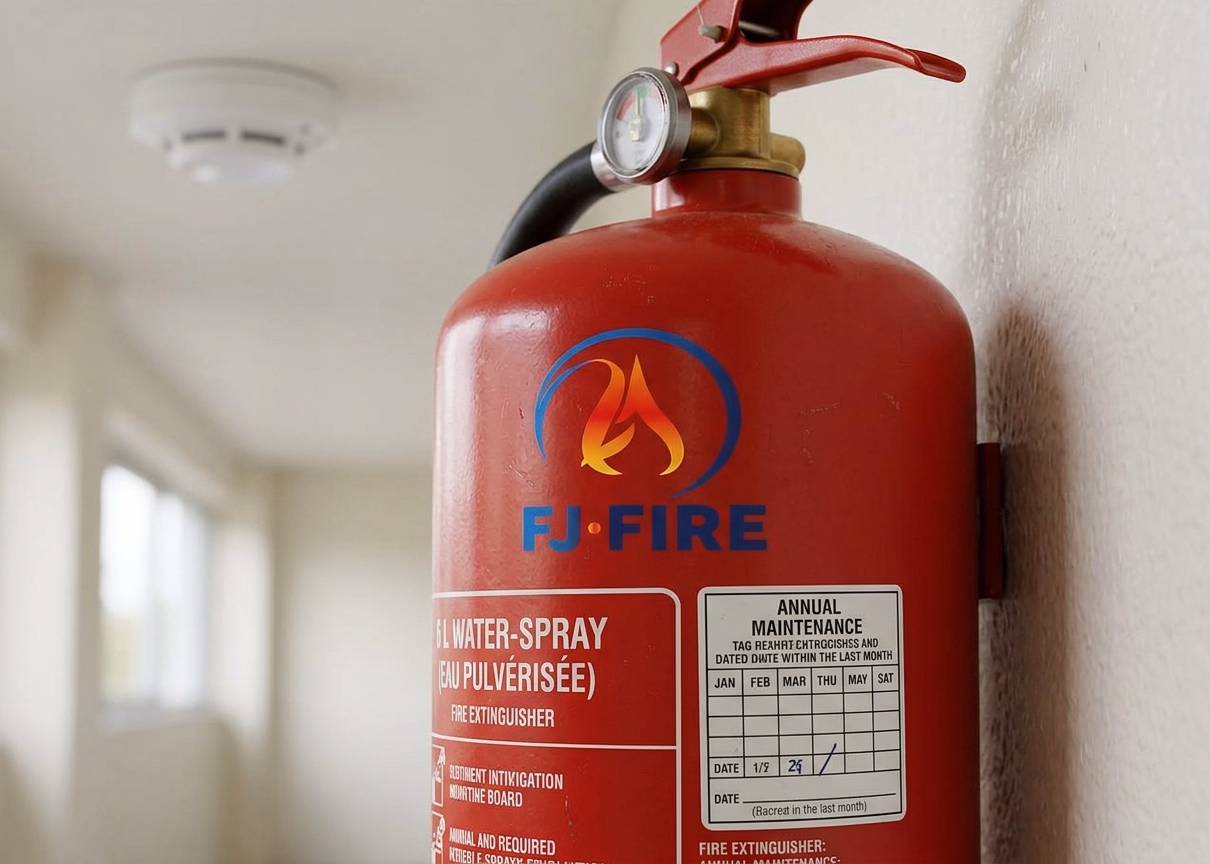 Extincteur à eau pulvérisée et détecteur de fumée installés dans une école communale, vérification annuelle des combles