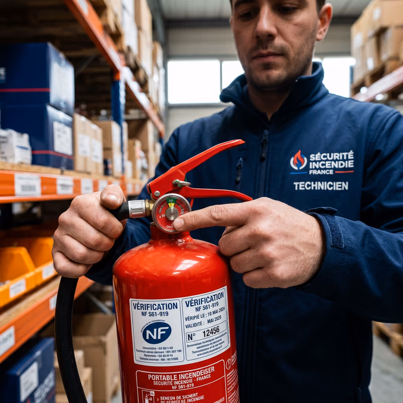 Technicien vérifiant un extincteur dans un entrepôt commercial français, manomètre et étiquette de certification NF visibles