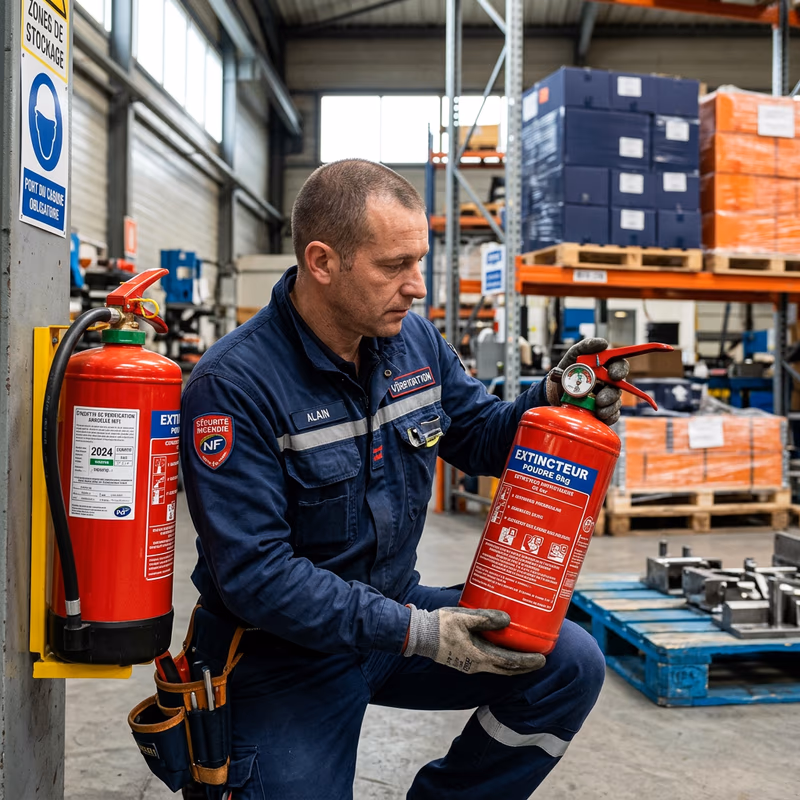 Technicien vérifiant un extincteur dans un entrepôt industriel français, manomètre et étiquette de vérification NF visibles
