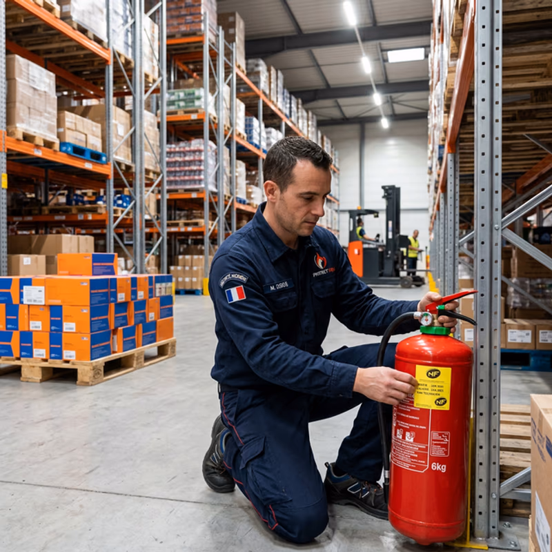 Technicien vérifiant un extincteur dans un entrepôt logistique français, racks de stockage en arrière-plan, manomètre et étiquette de vérification visibles