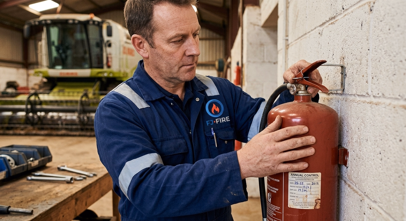 Extincteur verifie dans un atelier professionnel avec materiel de production, securite incendie entreprise