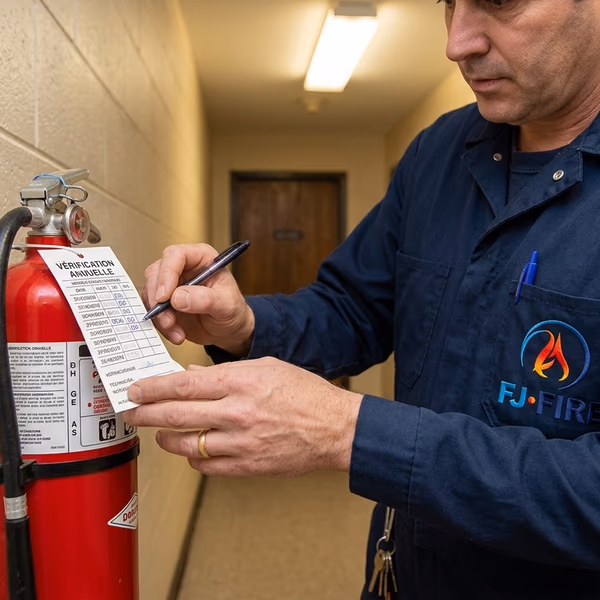 Technicien FJ FIRE vérifiant un extincteur dans un couloir d'établissement public