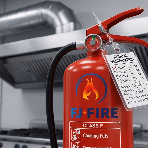 Extincteur classe F positionné en cuisine professionnelle de restaurant, vérification annuelle obligatoire ERP type N
