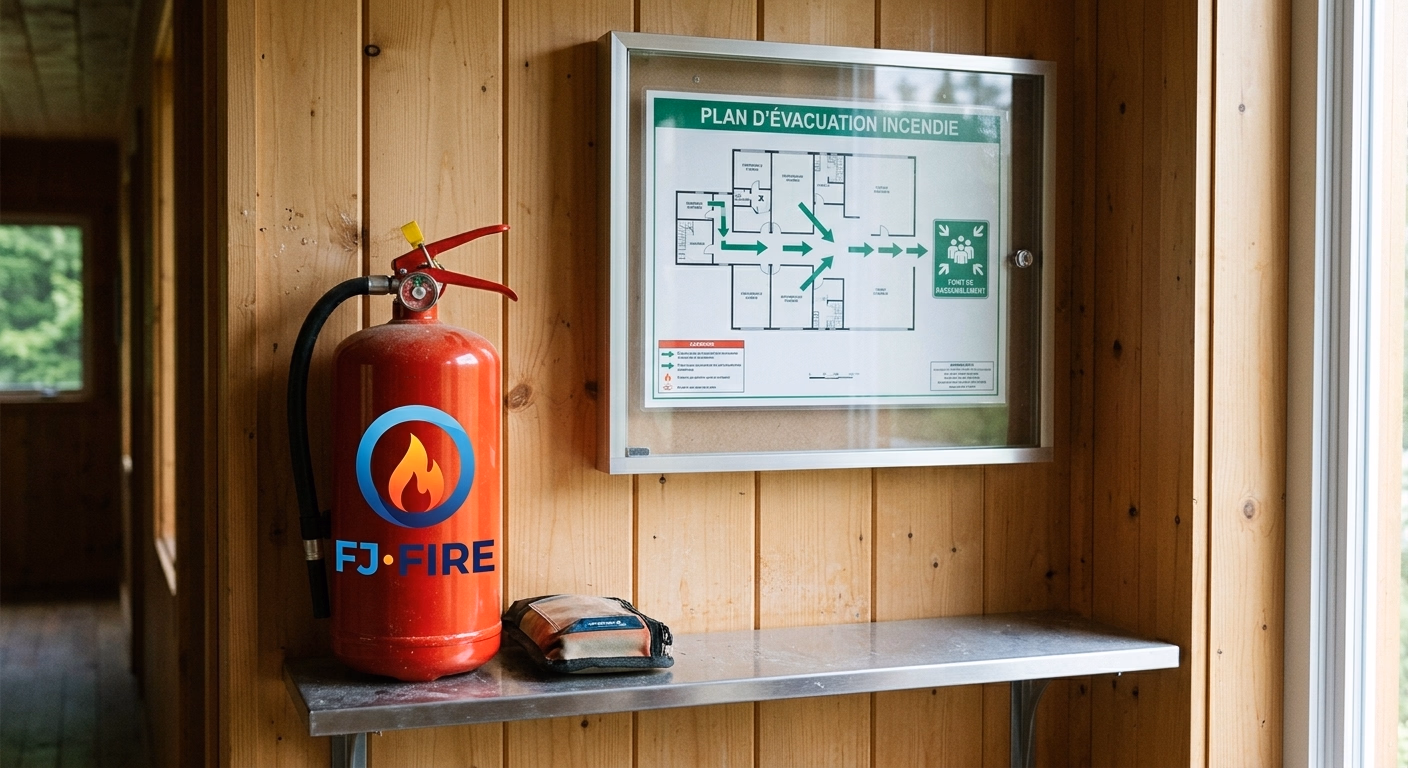 Plan d'evacuation incendie affiche a l'entree d'un ERP de plein air, avec extincteur et signalisation issue de secours en zone forestiere