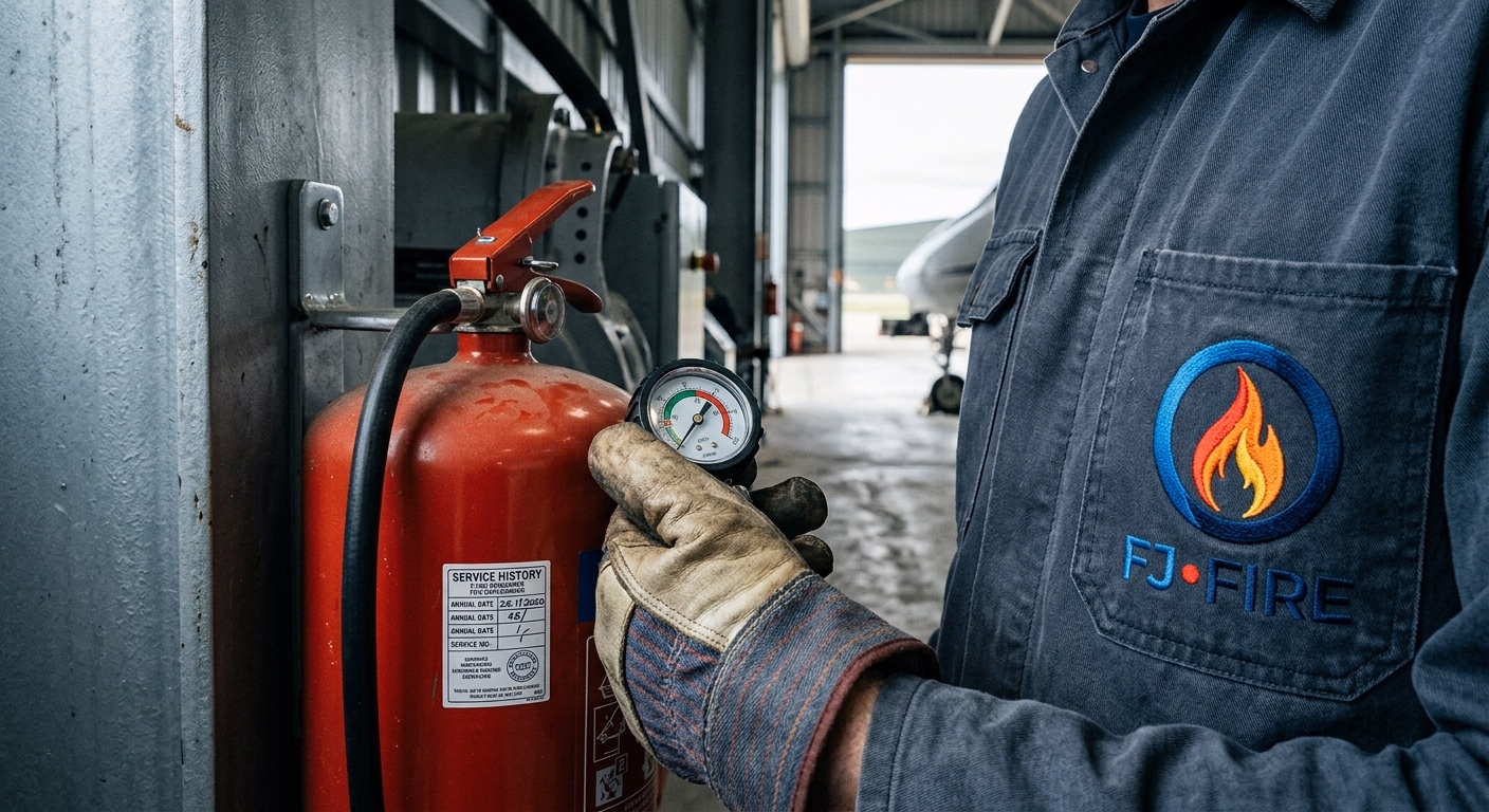 Verification d'un extincteur dans un hangar professionnel : technicien FJ FIRE controlant la pression et l'etiquette de maintenance annuelle